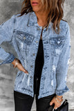 Sky Blue Distressed Buttons Washed Denim Jacket