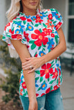 White Floral Print Frilled Neck Ruffled Sleeve Top