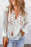 Floral Embroidered Tassel Drawstring V Neck Blouse