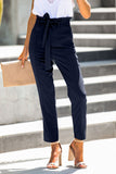 Blue Casual Paperbag Waist Straight Leg Pants with Belt