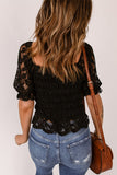 Black Floral Lace Crochet Ruffled Shirred Square Neck Top