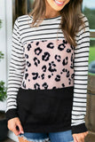 Striped Leopard Color Block Splicing Long Sleeve Top