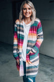 color Striped Print Long Sleeve Open Front Long Cardigan