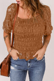 Khaki Floral Lace Crochet Ruffled Shirred Square Neck Top