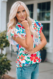 White Floral Print Frilled Neck Ruffled Sleeve Top