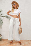 Drawstring Waist Crinkled Wide Leg Pants