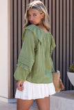 Split V Neck Ruffled Bubble Sleeves Blouse