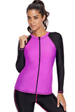 Fuchsia Black Colorblock Zip Down Rashguard Top