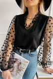 Lace Contrast V Neck Puffy Sleeve Blouse