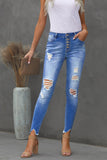 High Rise Button Front Frayed Ankle Skinny Jeans