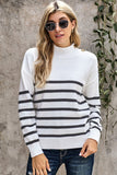 Striped Turtleneck Long Sleeve Sweater with Buttons