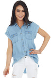 Short Sleeve Buttoned Denim Shirt with Pocket