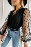 Lace Contrast V Neck Puffy Sleeve Blouse