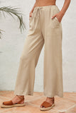 Drawstring Waist Crinkled Wide Leg Pants