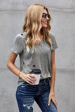 V Neck Stars Print Gray T-shirt