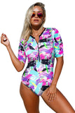 Print Zip Front Half Sleeve One Piece Swimsuit