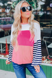 Color Block Bubble Striped Sleeve Top