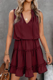 Wine Red Sleeveless V Neck Ruffled Swing Mini Dress