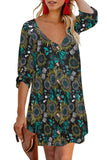 V Neck 3/4 Roll Sleeve Button Floral Dress