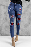 Christmas Tree Print Plaid Patch Destroyed Skinny Jeans