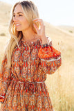 Western Pattern Print Lantern Sleeve Drawstring Mini Dress