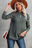 Crew Neck Ribbed Trim Waffle Knit Top