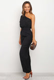 Asymmetric Bare Shoulder Bubble Sleeve Jumpsuit