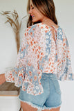 Sky Blue Floral Surplice Wide Sleeve Bodysuit