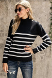 Striped Turtleneck Long Sleeve Sweater with Buttons