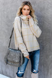 Beige Grid Pattern Turtleneck Sweater