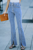 Double Splice High Waist Seam Detail Slit Flare Jeans