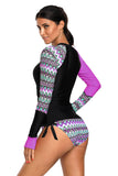 Contrast Purple Detail Long Sleeve Tankini Swimsuit