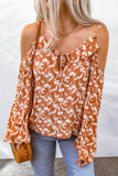 Tie Neck Cold Shoulder Flare Sleeve Floral Blouse