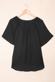 Black Split Neck Pleated Loose Top