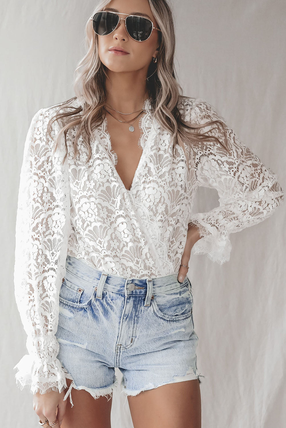 Lace Deep V Neck Long Sleeve Bodysuit – ALELLY