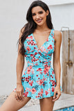 Floral Print Deep V Neck Swimdress with Panty