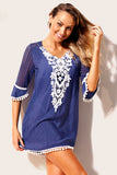 Crochet Pom Pom Trim Beach Tunic Cover up