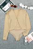 Khaki Rhinestone Surplice V Neck Long Sleeve Bodysuit