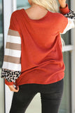 V Neck Leopard Stripe Splice Lantern Sleeve Top