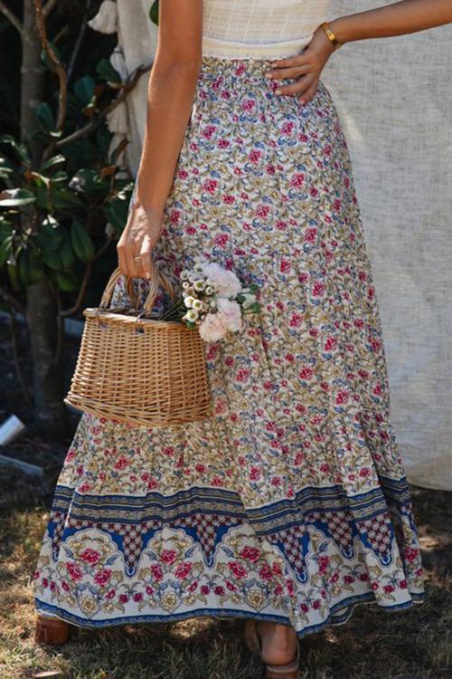 Boho Floral Print Elastic High Waist Pleated A Line Maxi Skirt – ALELLY