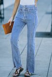 Sky Blue Double Splice High Waist Seam Detail Slit Flare Jeans