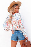 White Floral Print Drape Crop Blouse