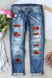 Sky Blue Merry Christmas Tree Leopard Patchwork Distressed Jeans