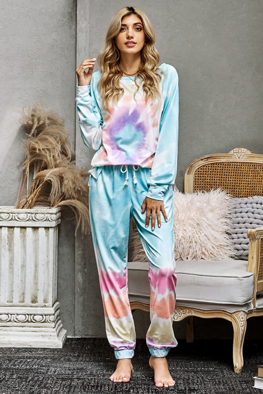 Multicolor Cotton Blend Pocket Tie dye Loungewear Set ALELLY