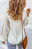 Floral Embroidered Tassel Drawstring V Neck Blouse