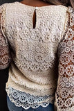 Beige Lace Contrast Hollow-out Long Sleeve Blouse