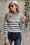 Striped Turtleneck Long Sleeve Sweater with Buttons