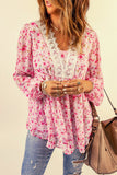 Floral Print Lace Patchwork V Neck Blouse