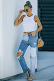 Colorblock Patchwork Ripped Hole Crop Straight Jeans