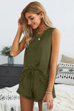 Crew Neck Tank and Drawstring Ruffled Shorts Lounge Set